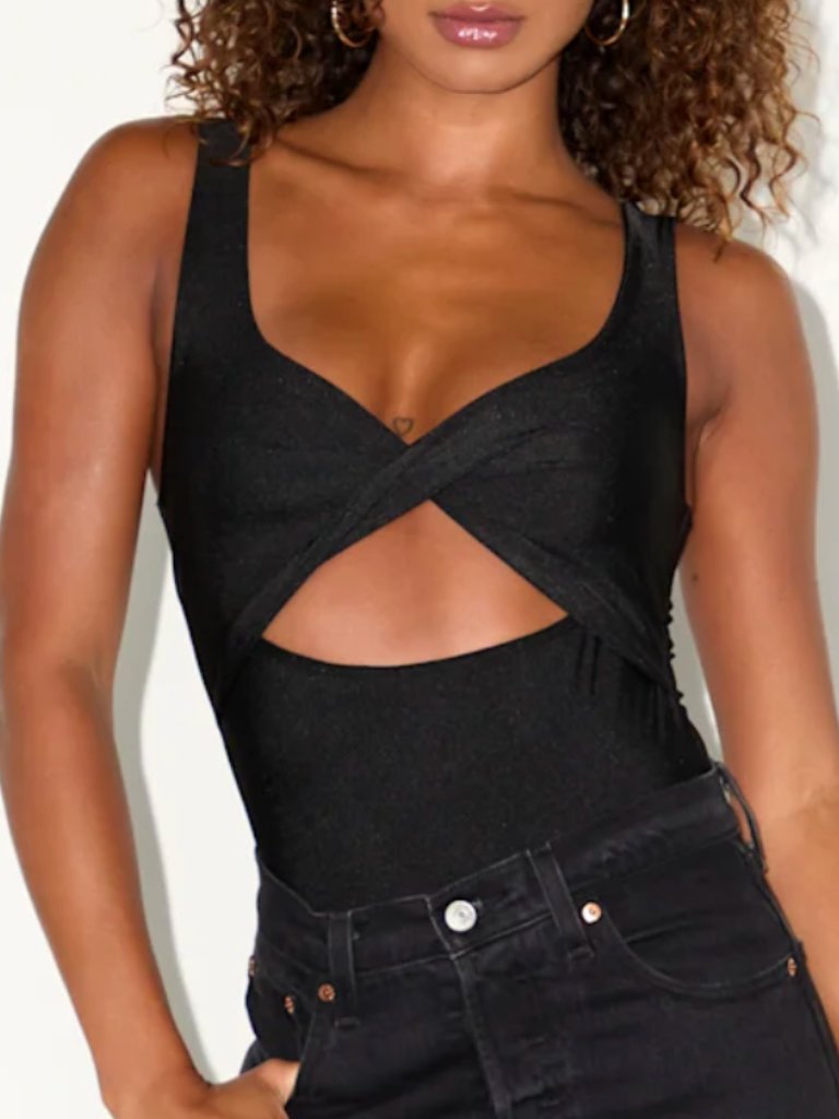 Lulu's Basima Black Cutout Twist-Front Sleeveless Bodysuit